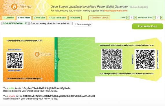 A paper wallet generated by BitcoinPaperWallet
