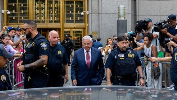 Sen. Bob Menendez (D-NJ) exits Manhattan federal court on July 16 as a jury found Menendez guilty of accepting bribes. (Adam Gray/Getty Images)