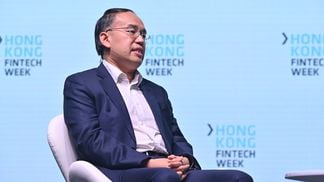 Christopher Hui speaking at 2022 Hong Kong FinTech Week. (Information Services Department of HKSAR)
