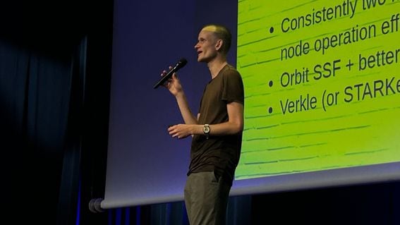 Ethereum co-founder Vitalik Buterin speaks at the EthCC conference on Wednesday in Brussels (Margaux Nijkerk)