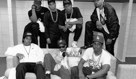 Rap group N.W.A. pose with rappers The D.O.C. and Laylaw from Above The Law during their "Straight Outta Compton" tour in 1989. (Photo by Raymond Boyd/Michael Ochs Archives/Getty Images)