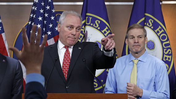 House Majority Leader Steve Scalise (R-La.) and Judiciary Committee Chairman Jim Jordan (R-Ohio) are vying in the House of Representatives for the open speaker position. (Chip Somodevilla/Getty Images)