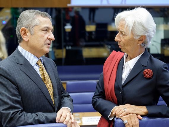 Fabio Panetta talks to European Central Bank President Christine Lagarde. (Thierry Monasse/Getty Images)