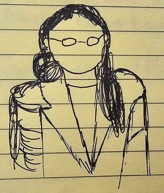 Sketch of Caroline Ellison testifying in court. (Nik De/CoinDesk)