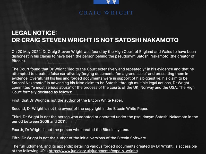 Notice on Craig Wright's website (craigwright.net)