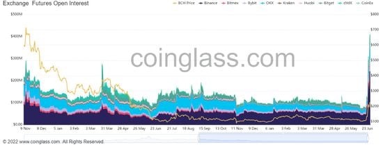 BCH trading interested has surged to 2021 levels. (Coinglass)