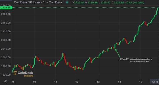 CoinDesk 20 Index, 1 week chart through July 15, 2024 (source, CoinDesk)