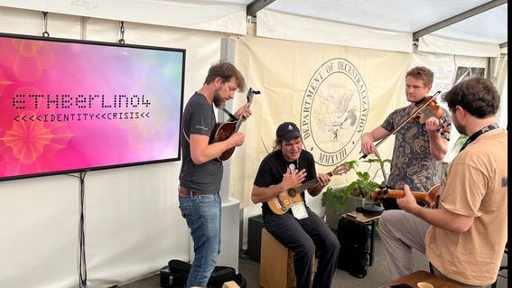 16:9 A mix of volunteers and hackers at EthBerlin playing music. 
Image Courtesy: Amitoj Singh/CoinDesk Date: May 2024