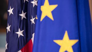 WASHINGTON, DC - FEBRUARY 07: The European Union and United States flags on display before a meeting with US Secretary of State Mike Pompeo and EU High Representative For Foreign Affairs And Security Josep Borrell Fontelles at the US Department of State on February 7, 2020 in Washington, DC. (Photo by Samuel Corum/Getty Images)