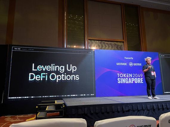 Ribbon founder Julian Koh announced Aevo at Token 2049 in Singapore. (Shaurya Malwa/CoinDesk)