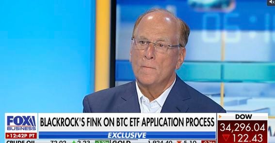 BlackRock CEO Larry Fink appears on Fox Business to discuss the firm's application for a bitcoin ETF. (Fox Business)