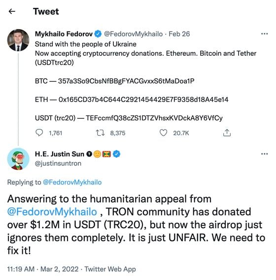 New diplomat Justin Sun tweeted his discontent at the Tron community being allegedly excluded from an airdrop planned by the Ukrainian government.