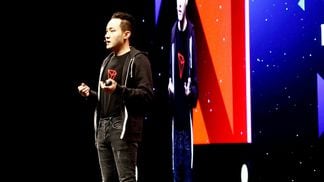 Justin Sun speaks at niTRON Summit 2019 in San Francisco, photo by Brady Dale for CoinDesk