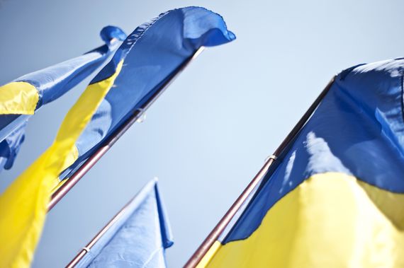 Ukrainian flags at the Presidential Administration Building in Kiev city (Lucy Shires/Getty)