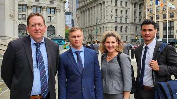 Tornado Cash's Roman Storm, second from left, and his legal team – Brian Klein (left), Keri Axel and Kevin Casey – outside court in New York. (Nikhilesh De/CoinDesk)