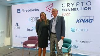 CFTC Commissioner Kristin N. Johnson and Conrad Bahlke, counsel at Willkie Farr & Gallagher LL at Crypto Connection 2022 (Amitoj Singh/CoinDesk)