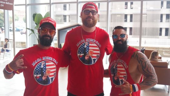 MAGA MEME PAC members in Nashville, from left to right: Maga Poli, Crypto Viking, Crypto Patriot (Danny Nelson/CoinDesk)