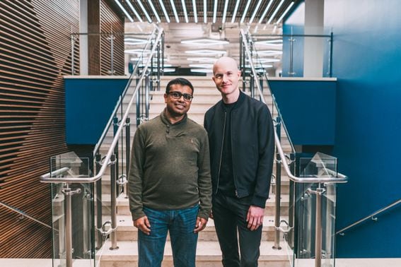 Coinbase Chief Product Officer Surojit Chatterjee (left) poses with CEO Brian Armstrong. (Courtesy photo)