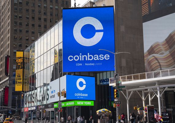 Coinbase signage in New York on the day of the crypto exchange's direct listing debut. (Robert Nickelsberg/Getty Images)