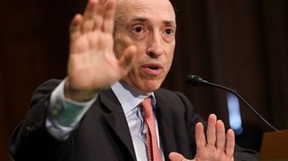 SEC Chair Gary Gensler recently intimated to CNBC that he believes cryptocurrency is useless. That helps justify his treatment of exchanges like Coinbase as inherently fraudulent.  (Kevin Dietsch/Getty Images)