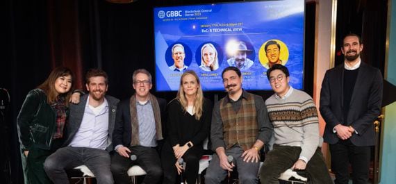 Key members of the BxC at a panel in Davos 2023. From left to right; Sandra Ro of GBBC, Dave Ford of Eqo Networks, Ken Weber of Ripple, Anna Lerner of Climate Collective, Gregory Landua of Regen Network, Daniel Hwang of BxCi and Chris Krohn of BxC. (Image credit: GBBC)