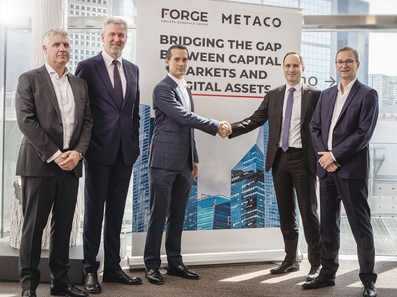 From left to right: Craig Perrin, vice president of sales at Metaco; Seamus Donoghue, vice president of strategic alliances at Metaco; Adrien Treccani, CEO and founder of Metaco; 
Alexandre Fleury, co-head of global markets activities, global head of equities at Societe Generale; and Jean-Marc Stenger, CEO at Societe Generale-Forge
