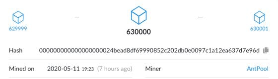 Record of block 630,000 on Bitcoin blockchain