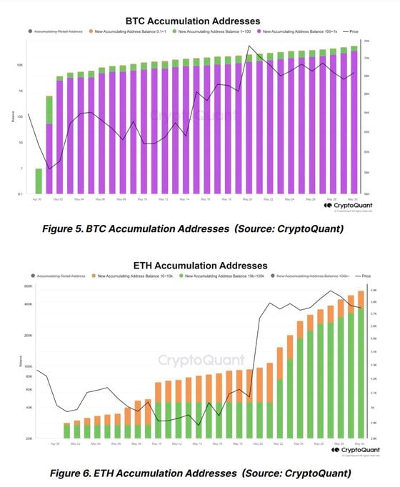 New BTC and ETH accumulation addresses rising over the past month (Bitfinex via CryptoQuant)